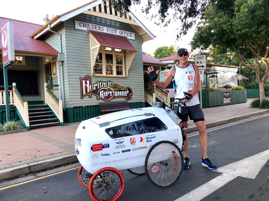 Hi from Childers! Around Australia runner Andre Jones sets out from Childers this morning on day 60 of his marathon run.