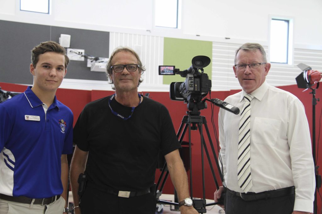 Simon Rathbone, Murray Page and Principal Dan McMahon on set during production of the next episode of Shalom TV