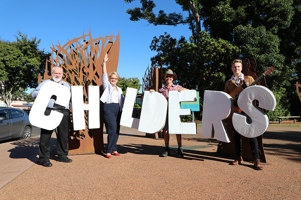 Cr Bill Trevor, Cr Judy Peters, Warren Martin and Matthew Munro at the 2019 Childers Festival launch.