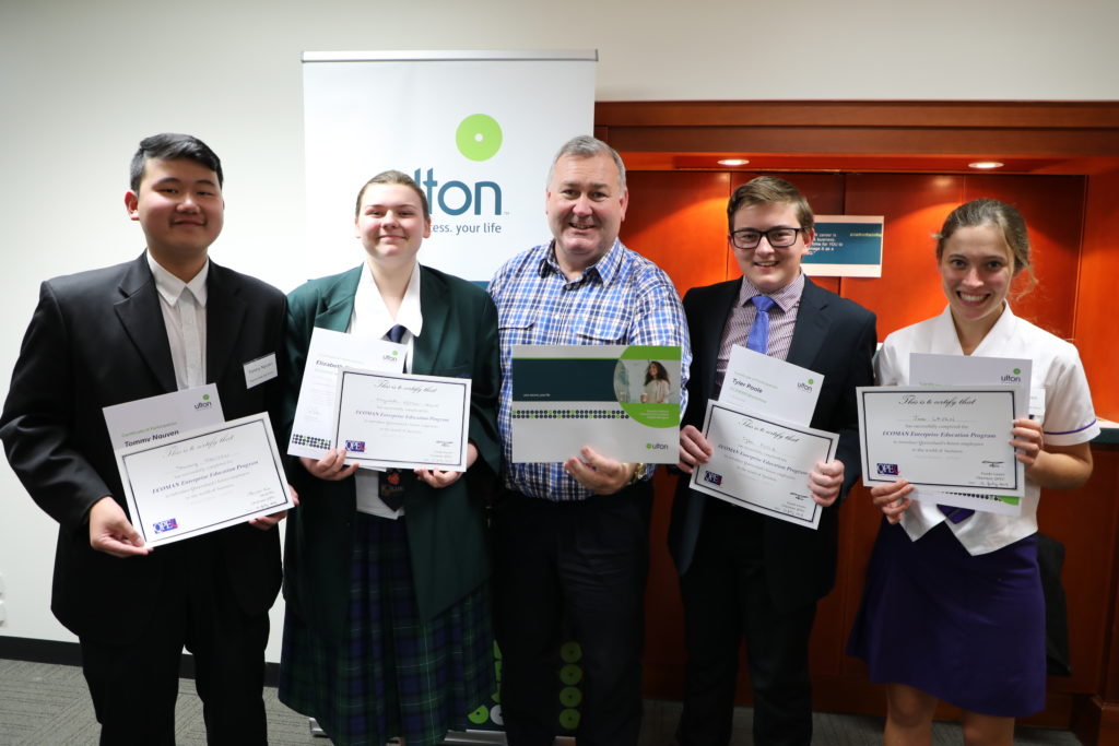 ECOMAN program winners: Tommy Nguyen, Elizabeth Kitson-Crowe, Tyler Poole and Jess Laven with Mayor Jack Dempsey