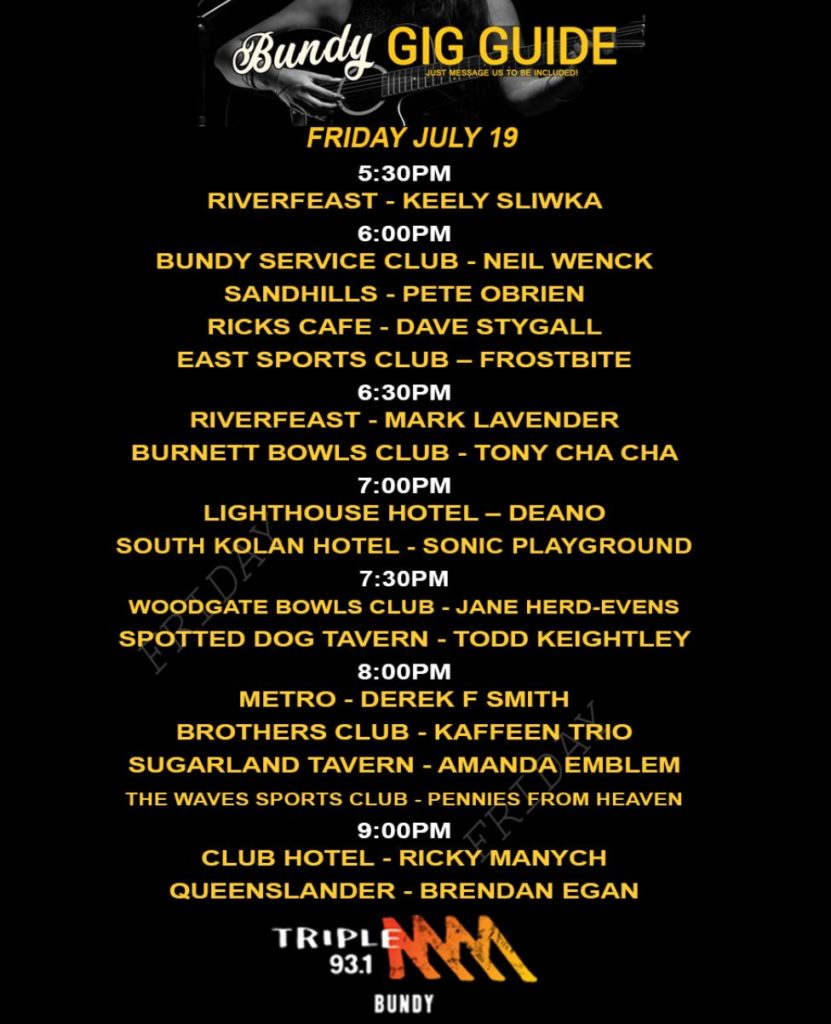 Tonight's gig guide includes Sonic Playground at the South Kolan Hotel.