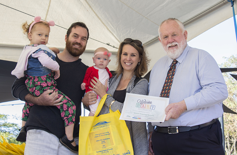 Baby Quinn Anastasi Volzke and her family with Deputy Mayor Bill Trevor at last year's Welcome Baby Celebration.