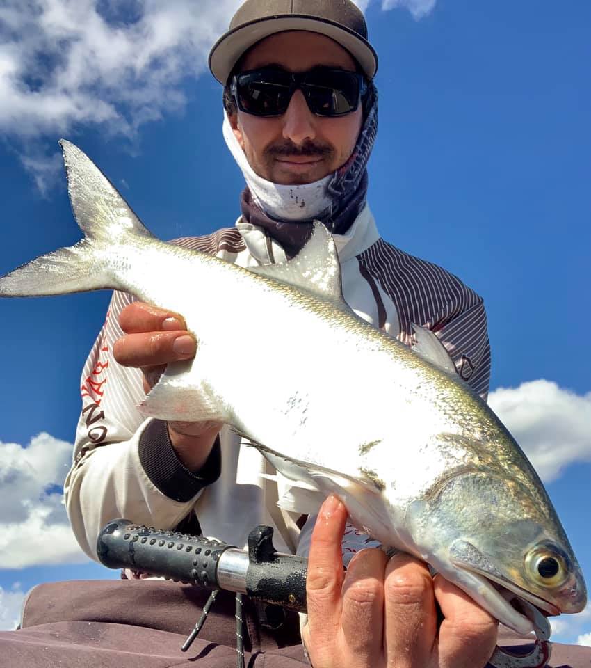 Jesse Spencer with a blue salmon caught in the Burnett River.
