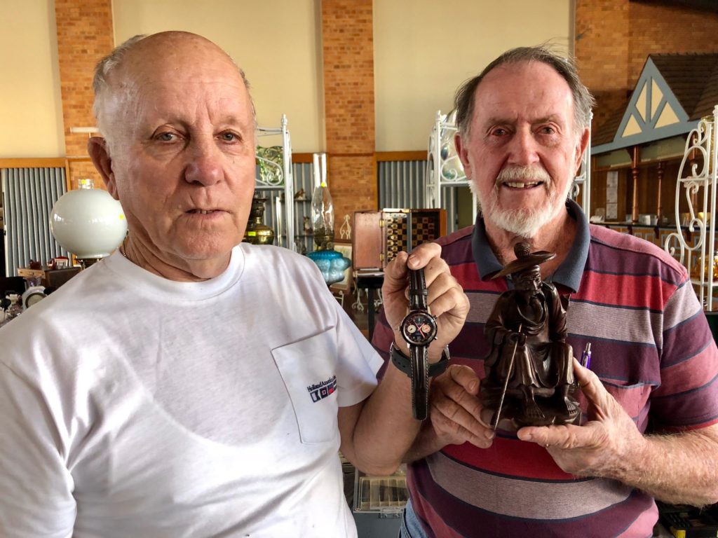 John Barker and Derek McGrath setting up for the fair at the Civic Centre.