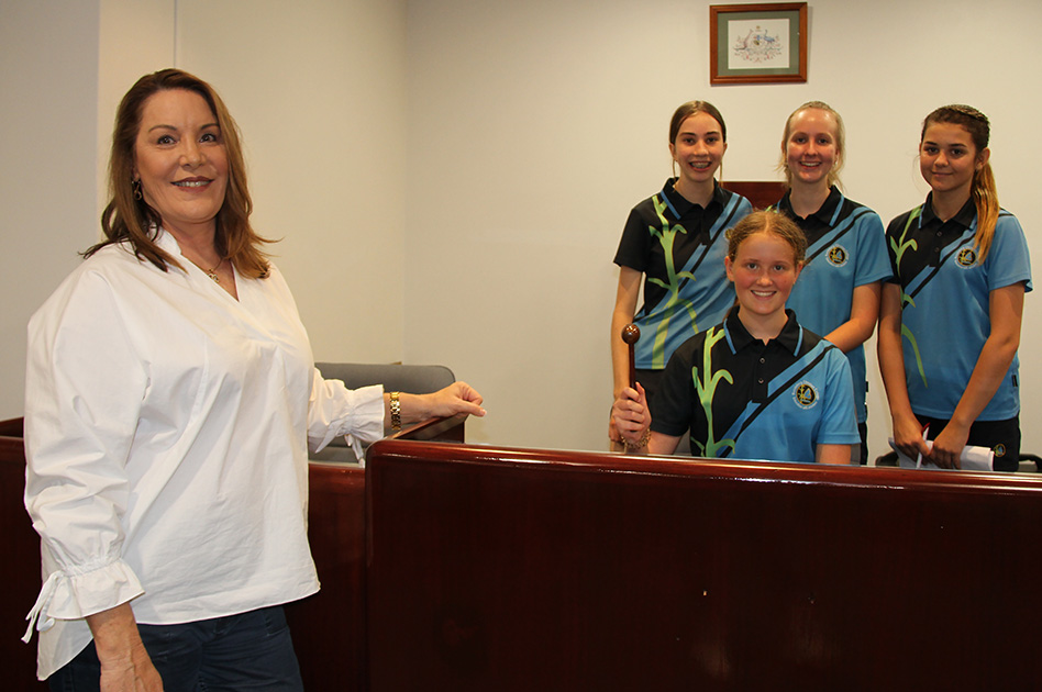 Cr Helen Blackburn with Bundaberg Christian College students Libby Jordan, Amelia Muller, Mackenna Otto and Tara Langdon.