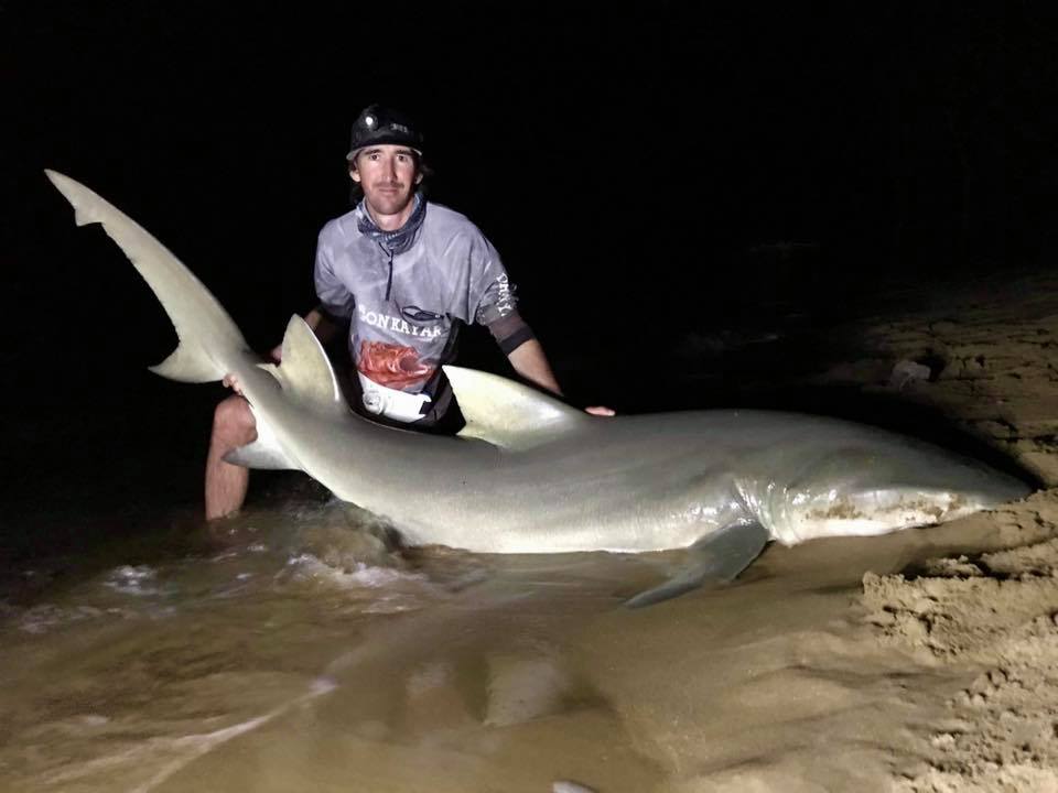 Jesse and a lemon shark, tagged and released.