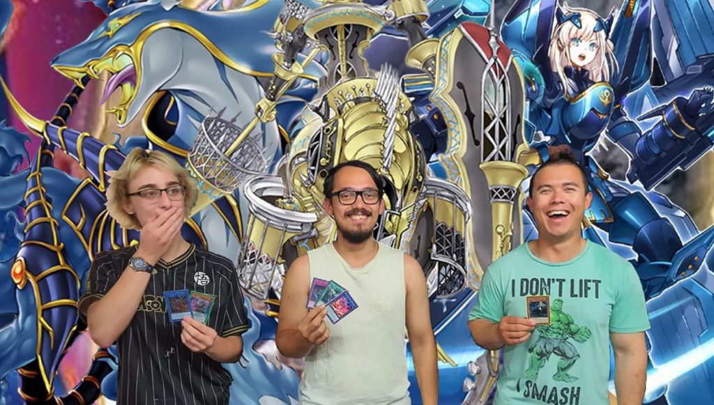 First team member Ben Greco with Indi Watts and Wyman Tyne, creators of the local Yu-Gi-Oh card game meet ups.