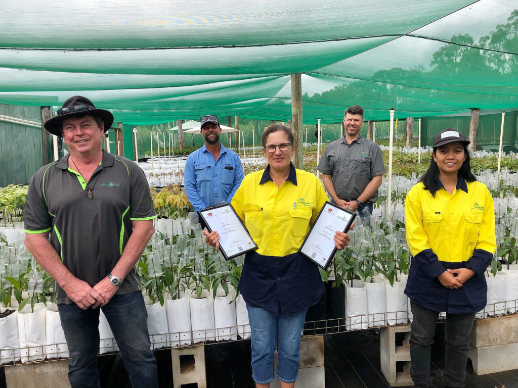 Celebrating her recently achieved dual horticultural qualifications is Simpson Farms Nursery Manager Sonia Furlonger. Also pictured are Shaun Waterton, Trainer with Queensland Small Business Courses and horticultural assistant Mary Ann Rivera (front) and Simpson Farms Executive Director Simon Crabbe (rear, right) and Operations Manager Dale Schneider.