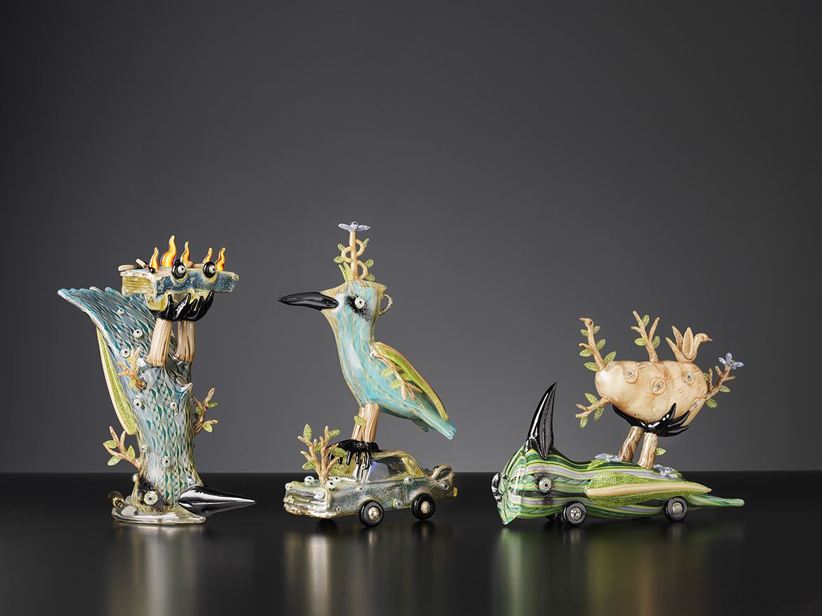 Tom Moore, Super Massive Hooligan, 2020, hot joined blown and solid glass, 380 x 290 x 200 mm; Retro Hooligan, 2020, hot joined blown and solid glass, 420 x 240 x 160 mm; Cyborg Symbiosis, 2020, hot joined blown and solid glass, 290 x 360 x 145 mm, photographer: Grant Hancock