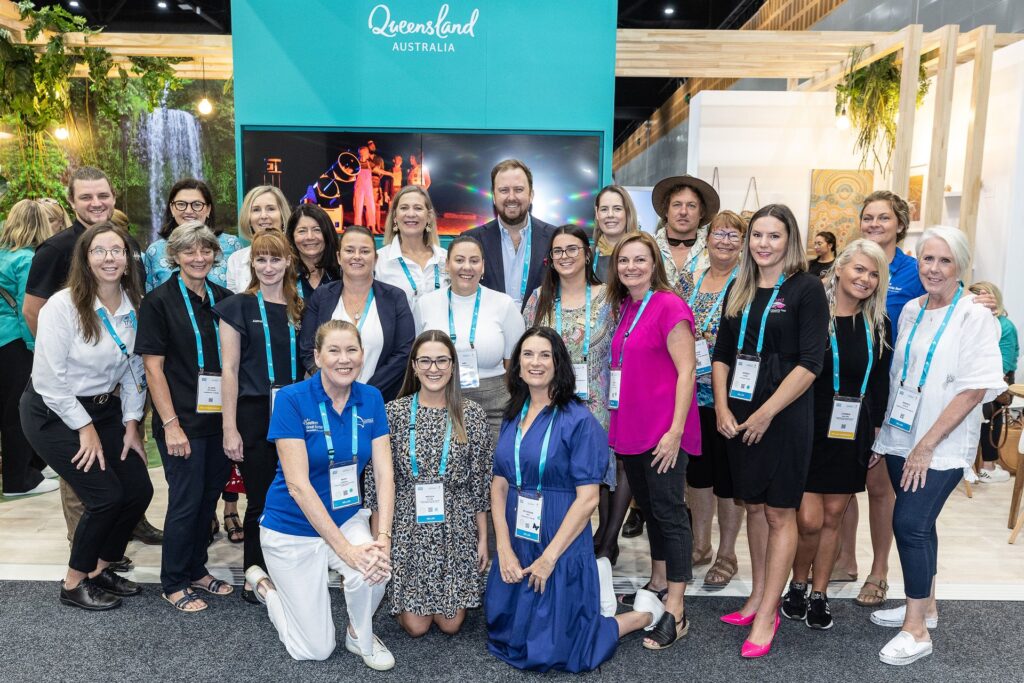 Bundaberg Tourism’s Katherine Reid and Loni Hammond with regional operators and Southern Great Barrier Reef partners at the 2023 Australian Tourism Exchange