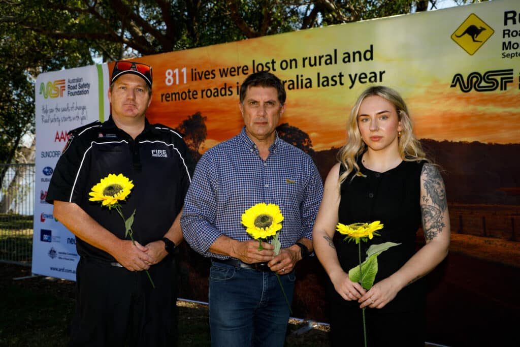 QFES Adrian Booth, Founder & Chair of ARSF Russell White and Raina Collett who lost her dad and her best friend in separate road trauma incidents.
