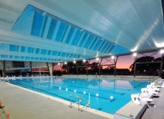 Bundaberg Aquatic Centre filled pool at sunset.