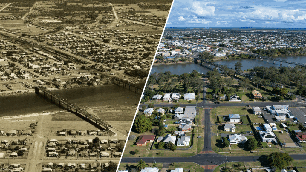 Bundaberg, ca. 1943, image taken by RAAF photographer Clifford Potter (BRN 287158) and Bundaberg 2025 taken on a drone.