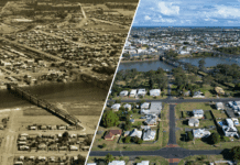 Bundaberg, ca. 1943, image taken by RAAF photographer Clifford Potter (BRN 287158) and Bundaberg 2025 taken on a drone.