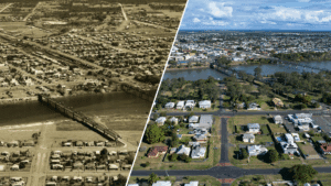 Bundaberg, ca. 1943, image taken by RAAF photographer Clifford Potter (BRN 287158) and Bundaberg 2025 taken on a drone.