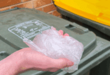 Demonstration of plastic in a hand - if you can scrunch it in your hand, it’s soft plastic and belongs in the general waste bin