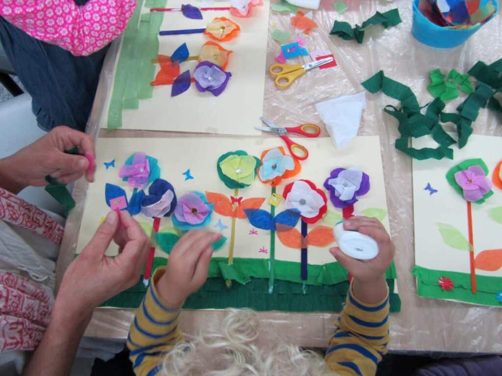 Children create spring crafts.