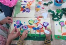 Children create spring crafts.
