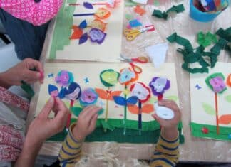 Children create spring crafts.