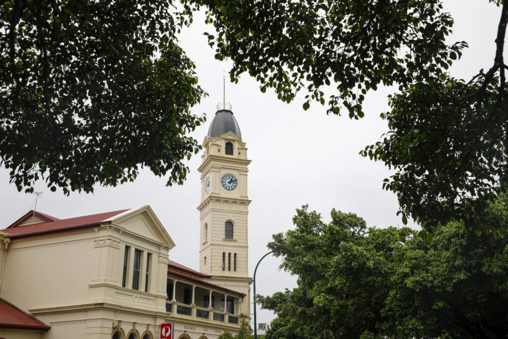 Post office Bundaberg CBD clouds rain wet weather