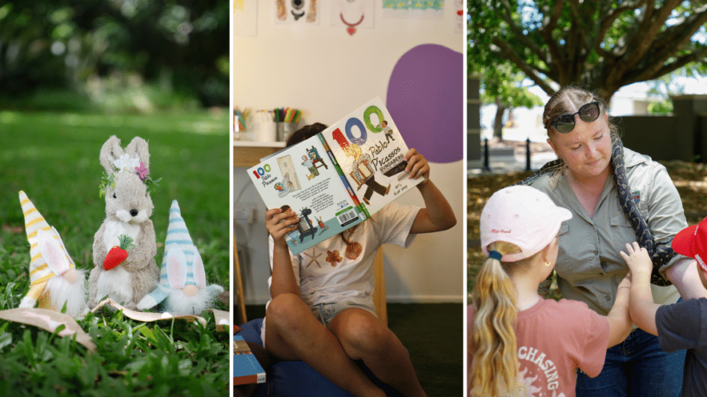 Easter bunny with gnomes, children reading book and zoo keeper with snakes.