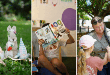 Easter bunny with gnomes, children reading book and zoo keeper with snakes.