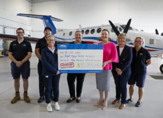 Royal Flying Doctor Service donation: Luke, Cav, Robyn, Shannon, Mayor Helen Blackburn, Cr Deb Keslake and Fenella.