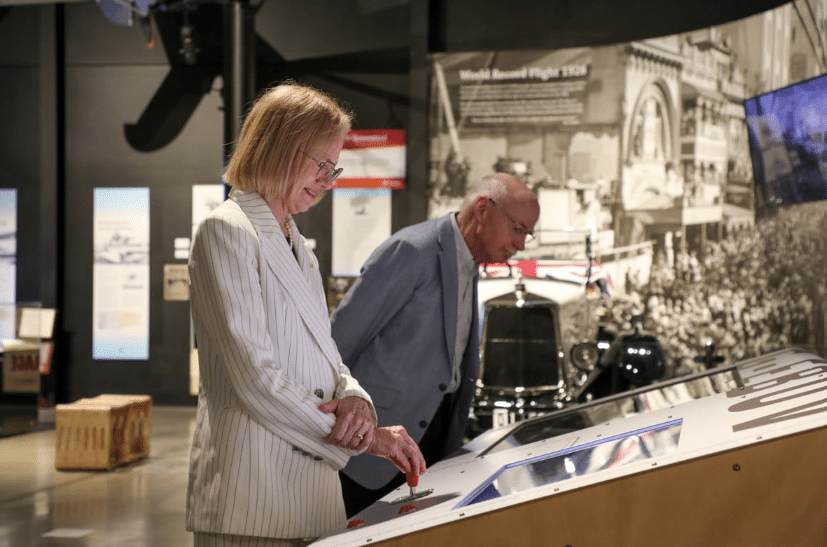 Her Excellency the Governor of Queensland The Honourable Dr Jeannette Young AC PSM and Professor Graeme Nimmo RFD visiting the Hinkler Hall of Aviation.