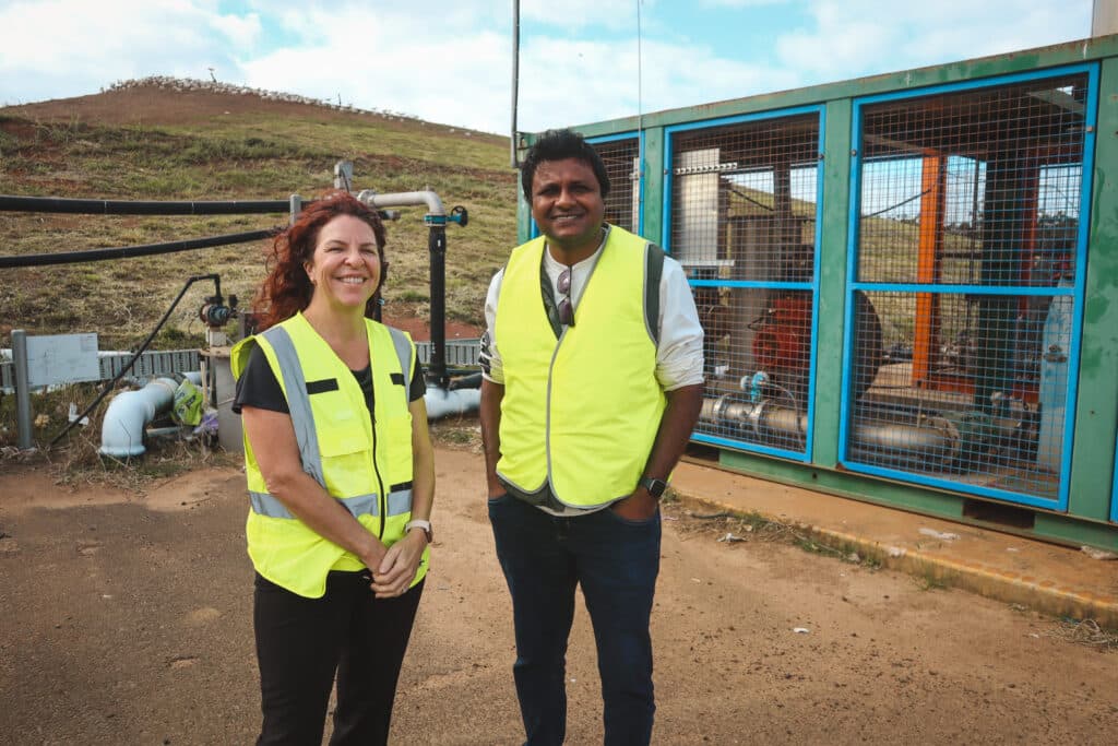 Bundaberg Regional Council Branch Manager, Waste and Recycling Services Kerry Dalton with CQUniversity PhD candidate Nadun Bulathge.