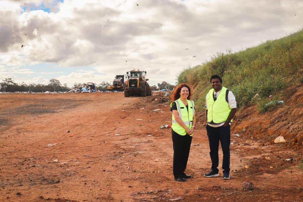 Bundaberg Regional Council Branch Manager, Waste and Recycling Services Kerry Dalton with CQUniversity PhD candidate Nadun Bulathge.