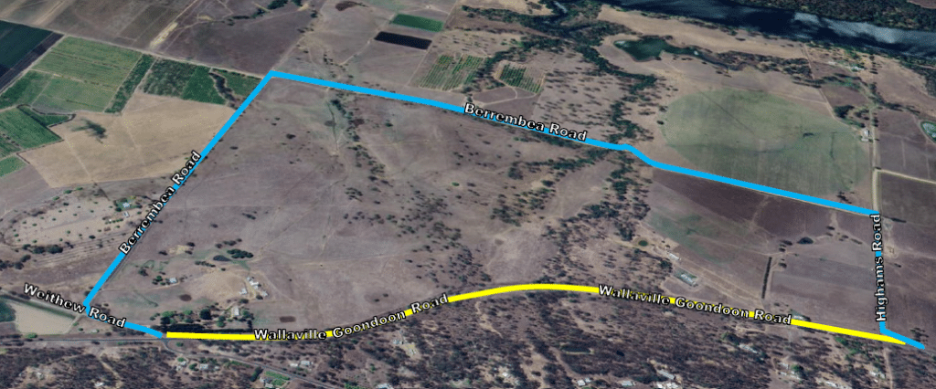 The yellow line indicates the section of the Wallaville Goondoon Road, Drinan which will be subject to works. The blue line shows the detour in place via Berrembea Road and Highams Road.