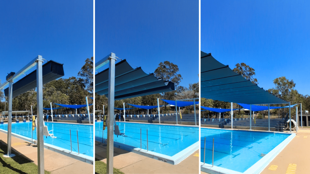 Retractable shade system installed at Gin Gin Swimming Pool.